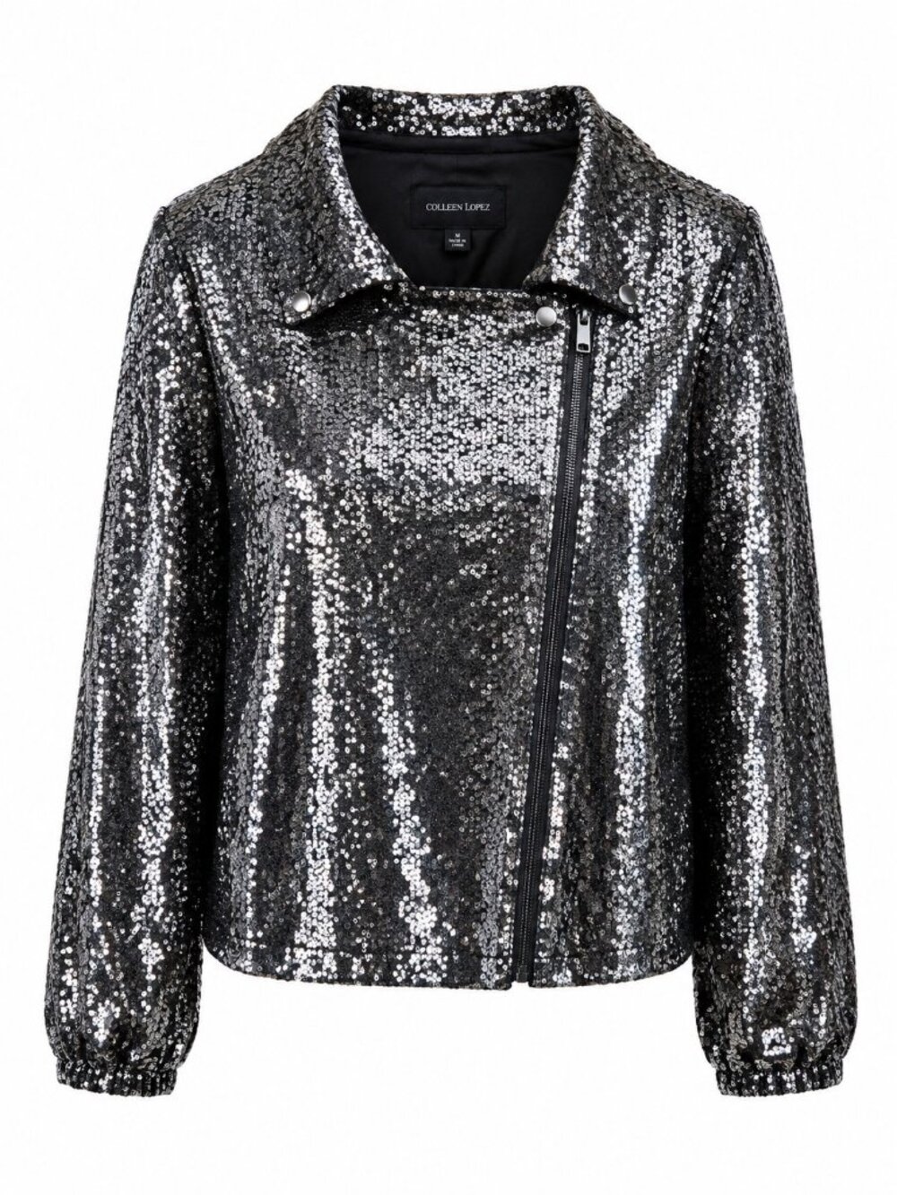 Colleen Lopez Womens Sequin Moto Jacket Black Size Metallic Polyester Blend